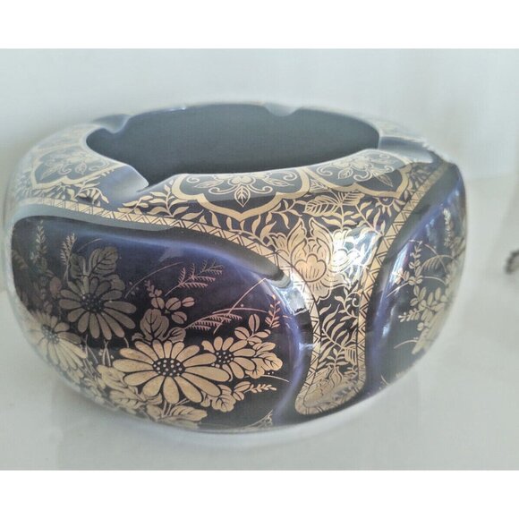 Large Vintage Andrea by Sadek Ceramic Gold & Blue Floral Ashtray 7" - Picture 8 of 16